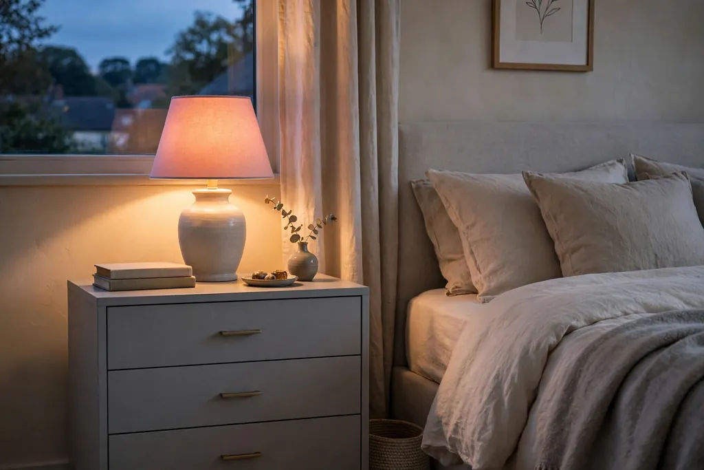 Grey nightstands with pink shaded table lamps beside a bed.