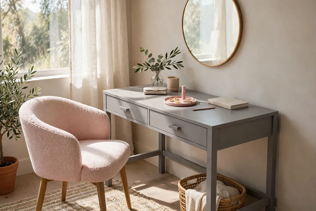 Bedroom dressing corner with a pink chair, grey desk, and mirror.