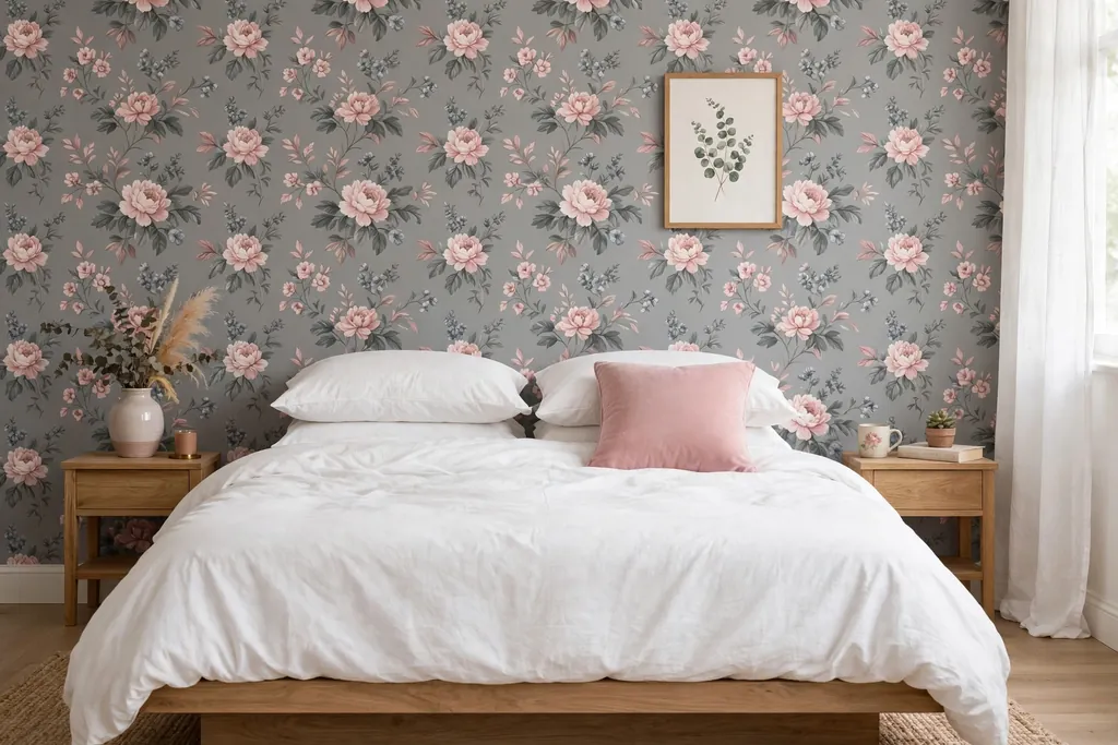 Bedroom bed wall in grey and pink floral wallpaper with plain bedding.