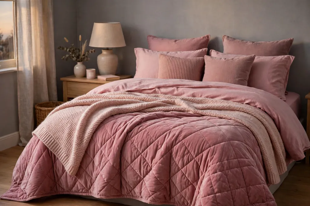 Bed dressed in pink winter layers with a wool throw and rose cushions.