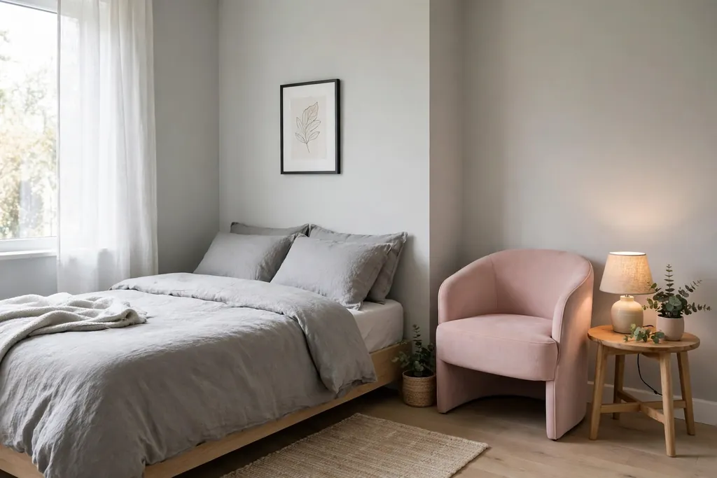 Small pale grey bedroom with a single pink accent chair in a corner.