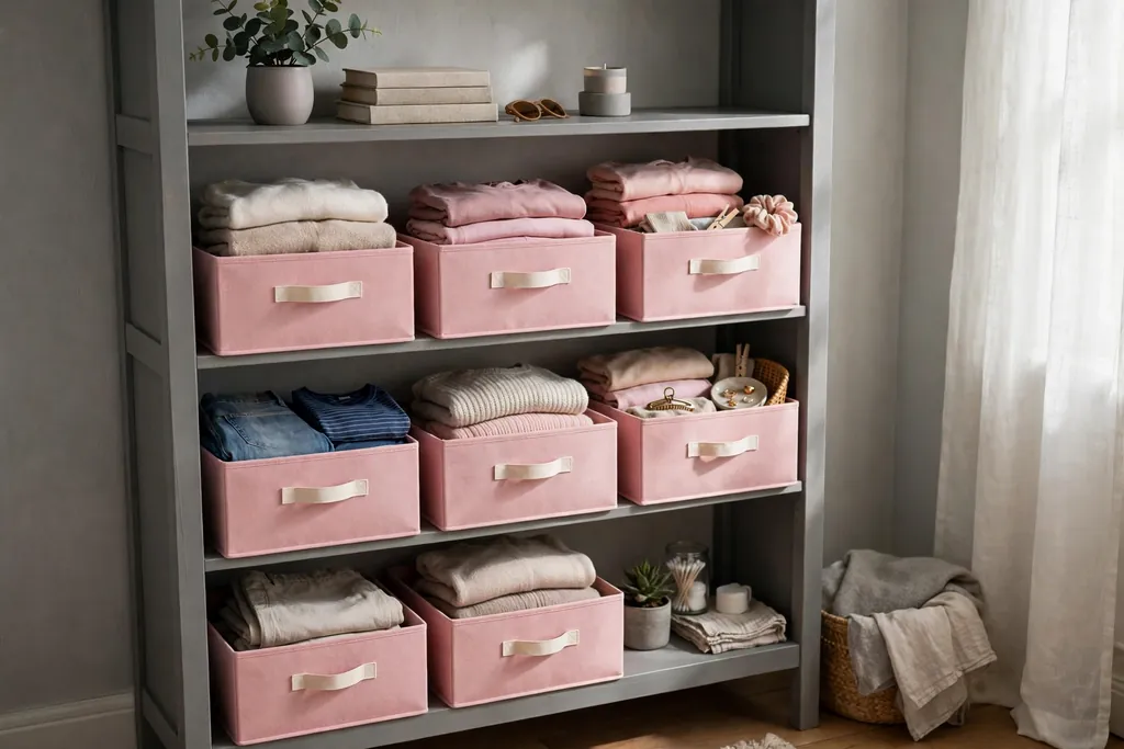 Grey bedroom shelves with pink storage boxes holding folded items.