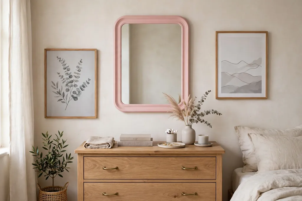 Dresser with a pink framed mirror and grey prints above it.