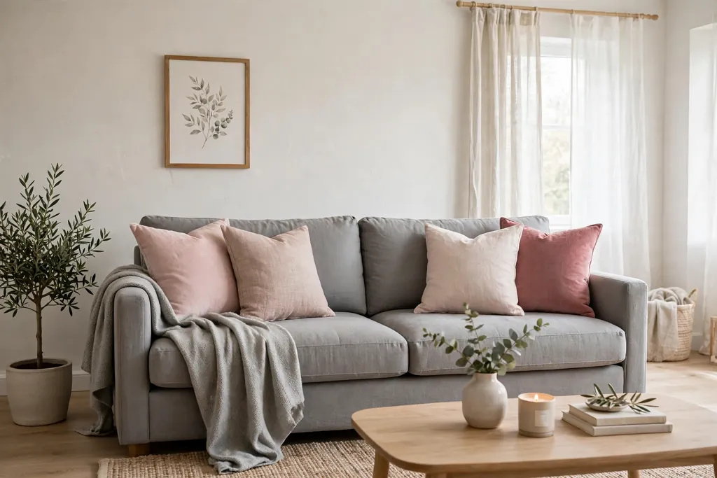 Mid grey sofa dressed with rose and blush cushions and a grey throw.