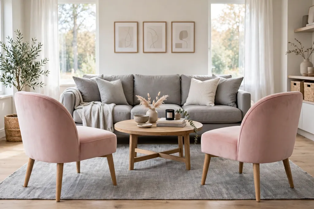 Two blush accent chairs facing a grey sofa with a round coffee table.