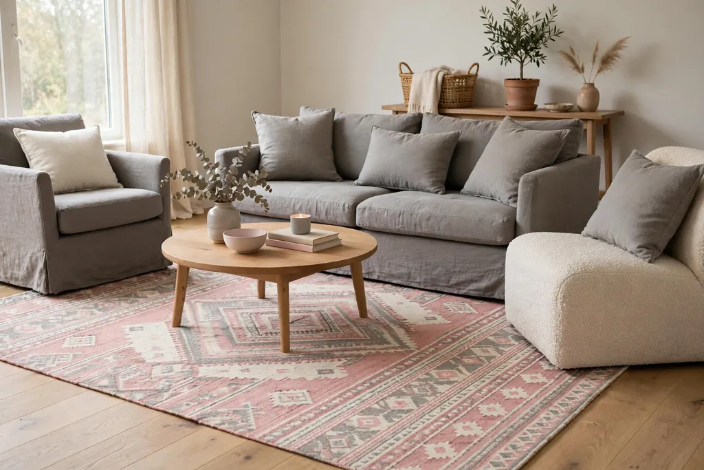 Living room seating group on a patterned pink, grey, and cream rug.