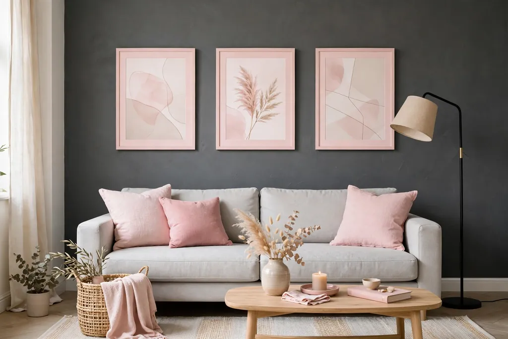 Charcoal grey feature wall with blush pink art above a light grey sofa.
