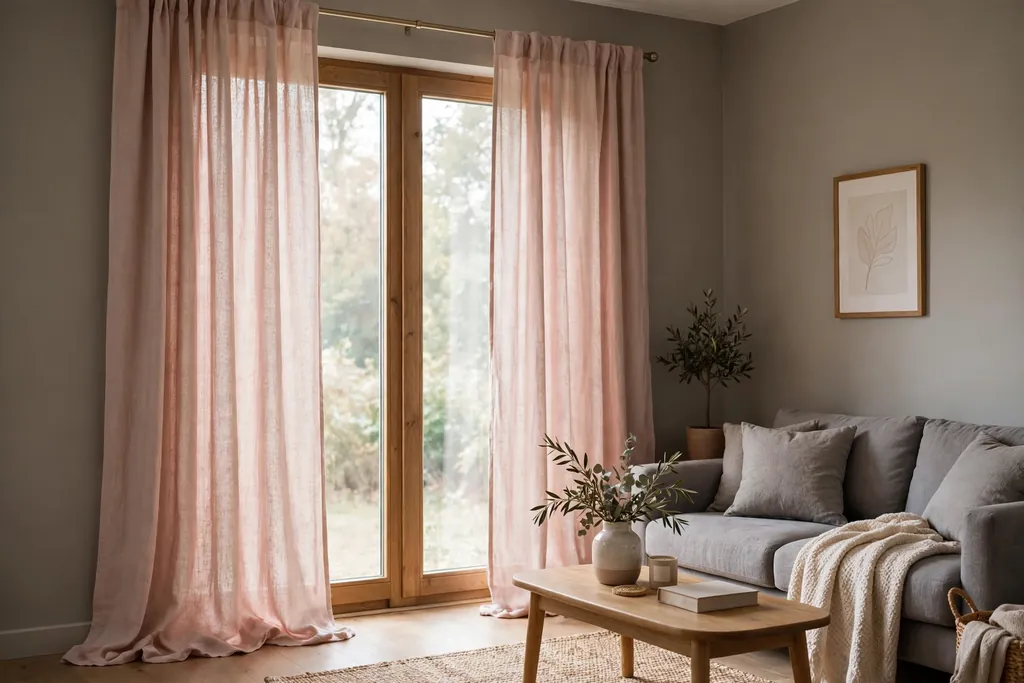 Living room window with long blush pink curtains against warm grey walls.