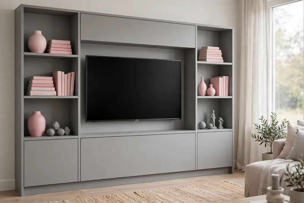 Grey media wall unit with pink books and vases on open shelves.