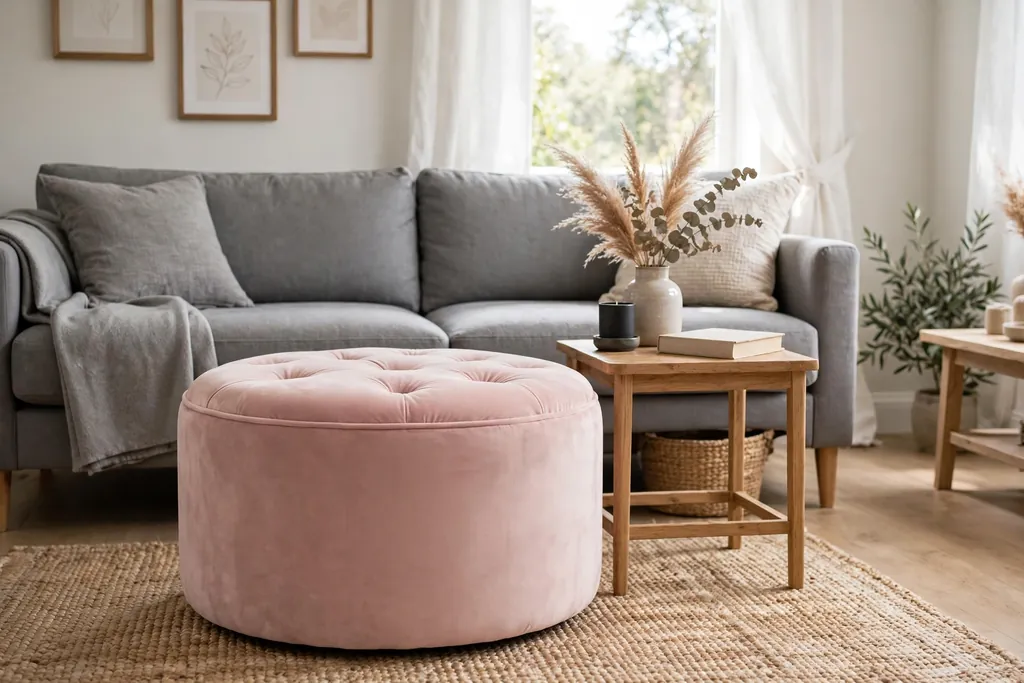 Round blush pink velvet ottoman in front of a grey sofa.