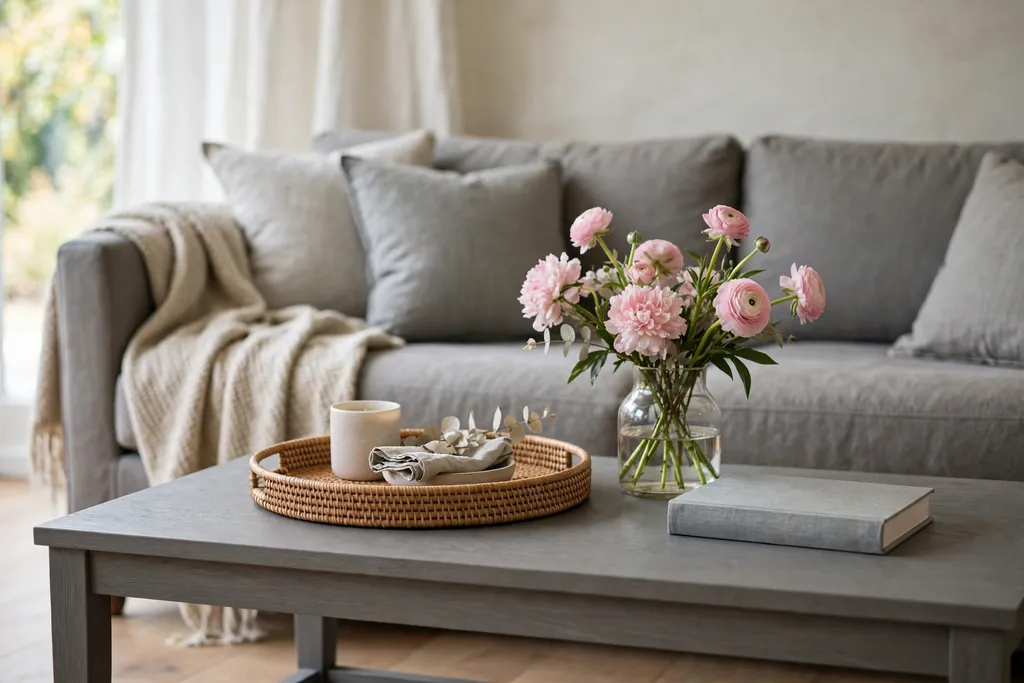 Grey coffee table with a tray, pink flowers, and a book.