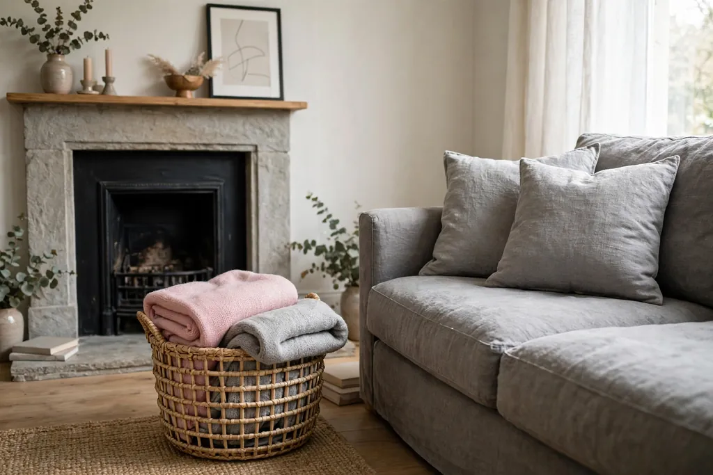Woven basket of pink and grey throws beside a sofa near a fireplace.
