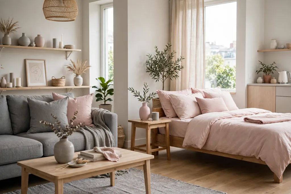 Open plan room with a grey living zone and a pink bedroom corner.