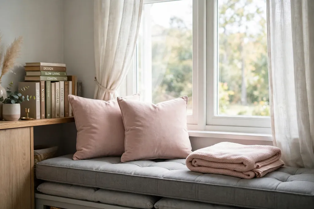 Grey window seat with blush pink cushions by a bright window.