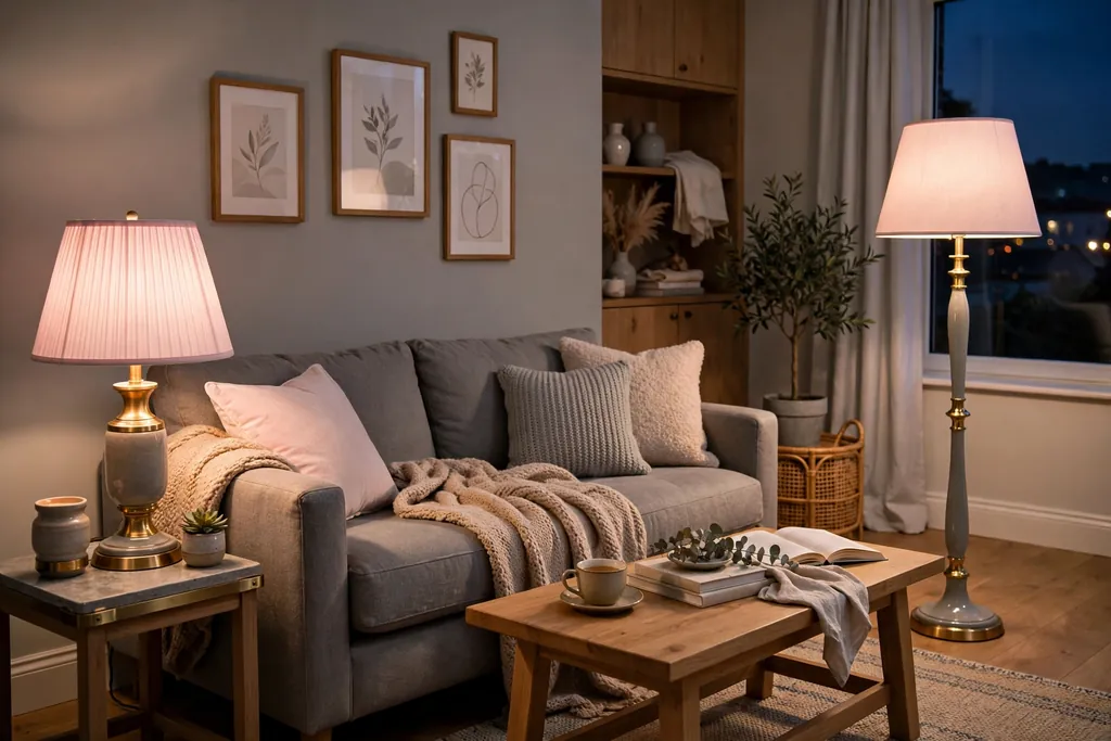 Living room lit by warm lamps with pink shades on grey and brass bases.