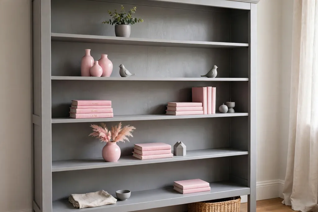 Grey bookcase styled with pink vases, pink books, and grey ornaments.