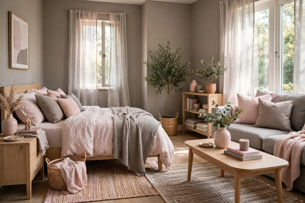 Bedroom and living room sharing one blush pink and warm grey palette.