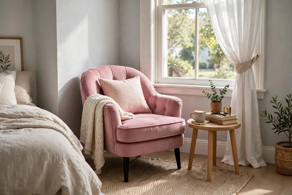 Pink accent chair in a bedroom reading corner by a window with a side table.