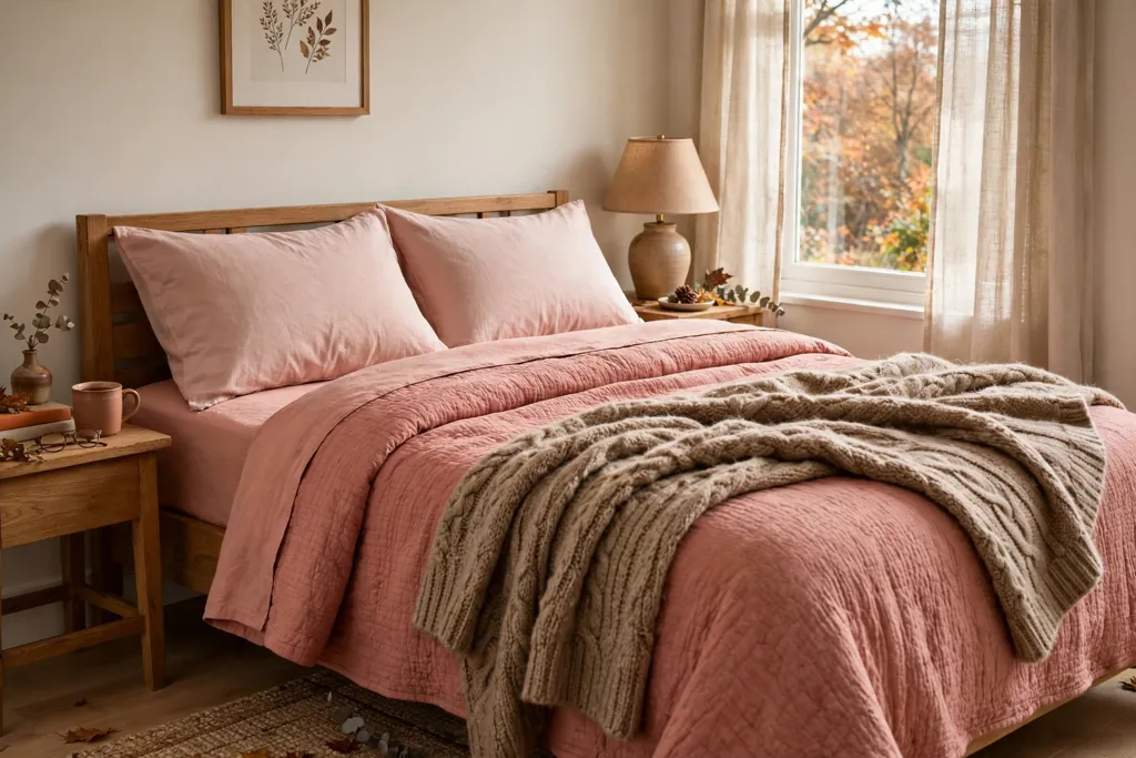 Bedroom bed with warm pink autumn bedding, a wool throw, and brushed cotton pillowcases.