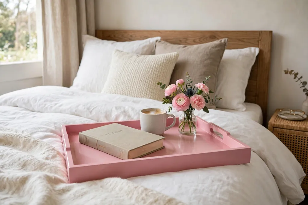 Pink bed tray on a bed holding a book, a cup, and a small vase of flowers.