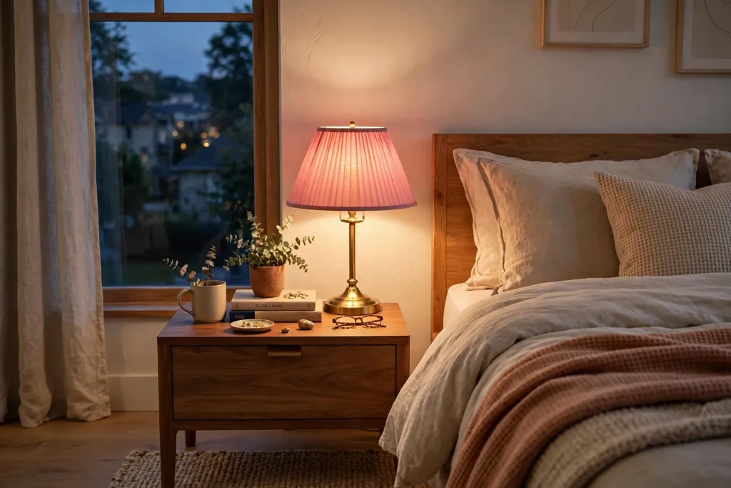Bedroom nightstand with a lamp with a pink shade glowing warmly beside a bed.