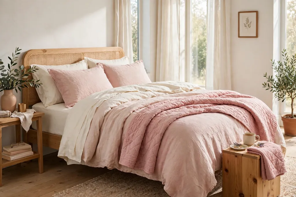 Bed with layered blush linen bedding, cream sheets, and a pink coverlet.