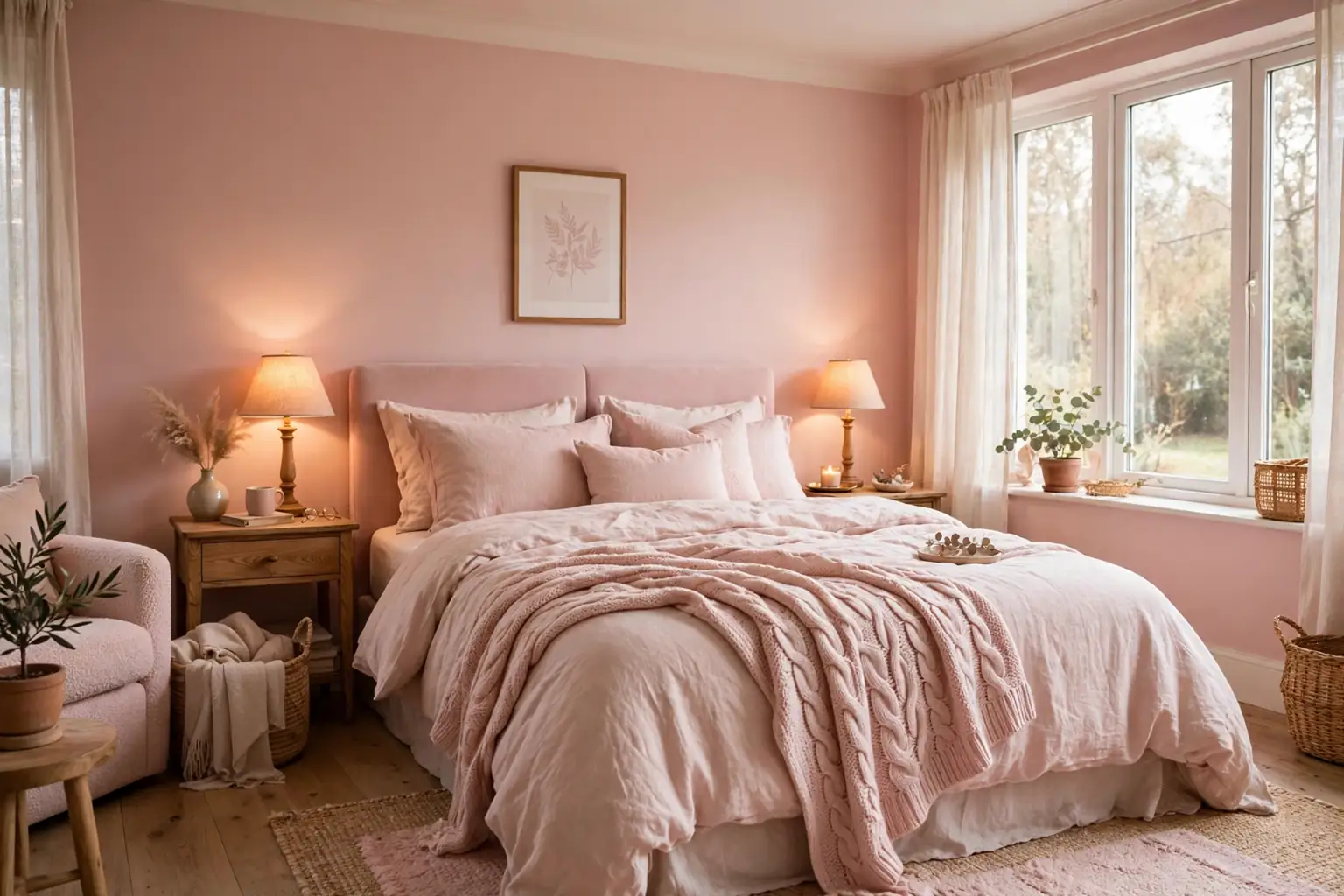 Wide cozy pink bedroom with blush bedding, soft pink walls, warm lamps, and a knit throw.