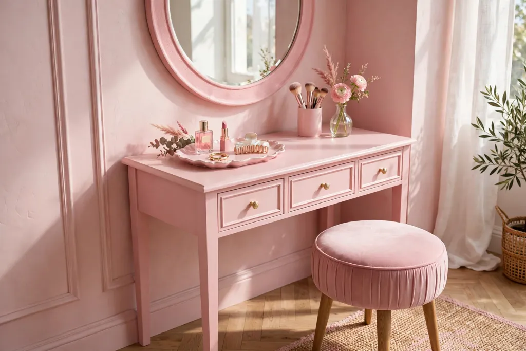 Pink dressing table corner with a mirror, a pink stool, and a tray.