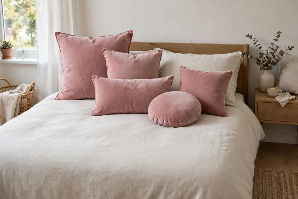 Bed with dusty pink velvet cushions in mixed sizes on plain bedding.