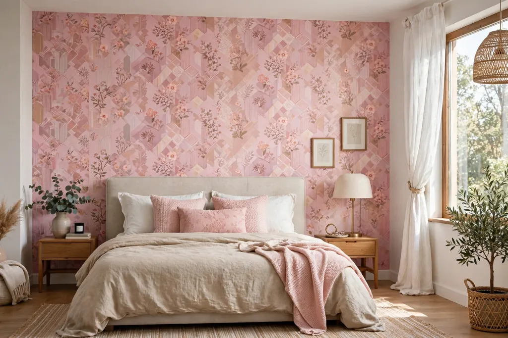 Bedroom with a pink patterned feature wallpaper wall behind the bed.