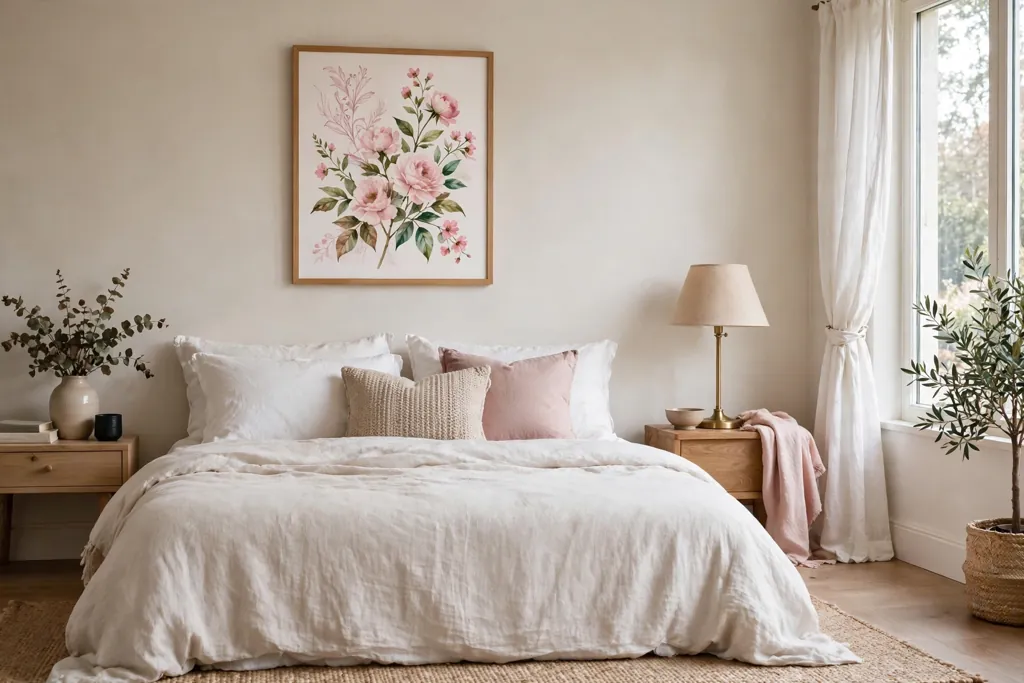 Bedroom with pink floral wall art above the bed in a simple frame.