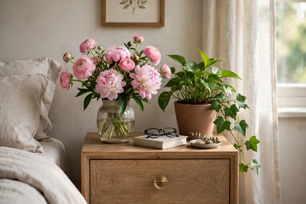 Bedroom nightstand with a vase of fresh pink flowers and a green plant nearby.