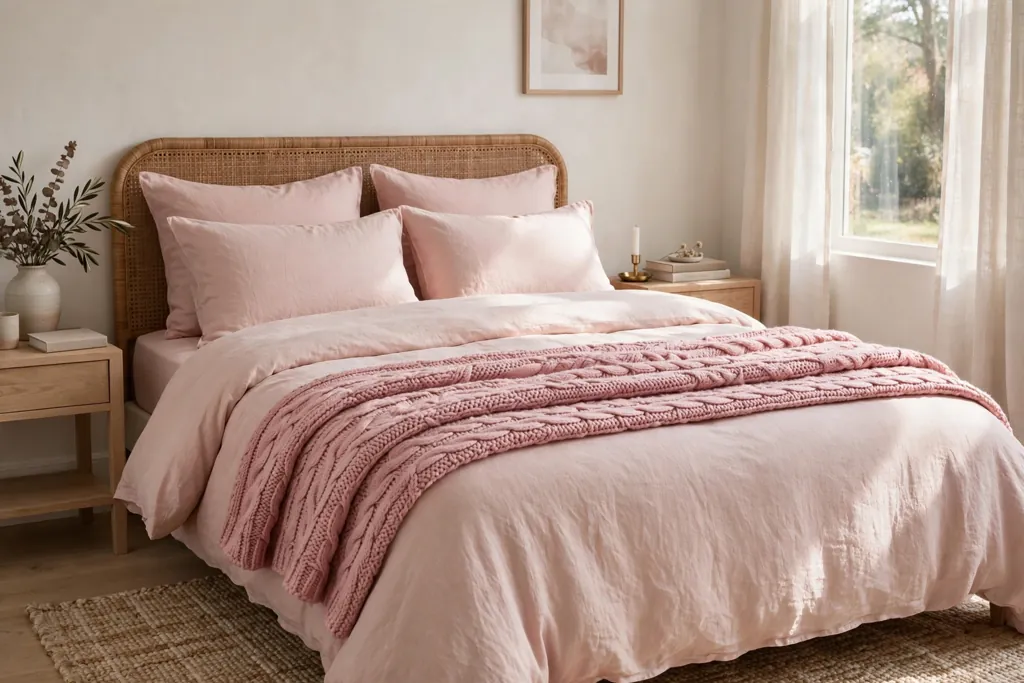 Pink knit throw folded across the foot of a bed with blush bedding.