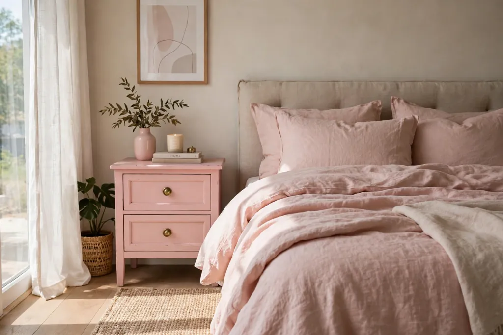 Bedroom with a painted pink nightstand beside a bed with blush bedding.