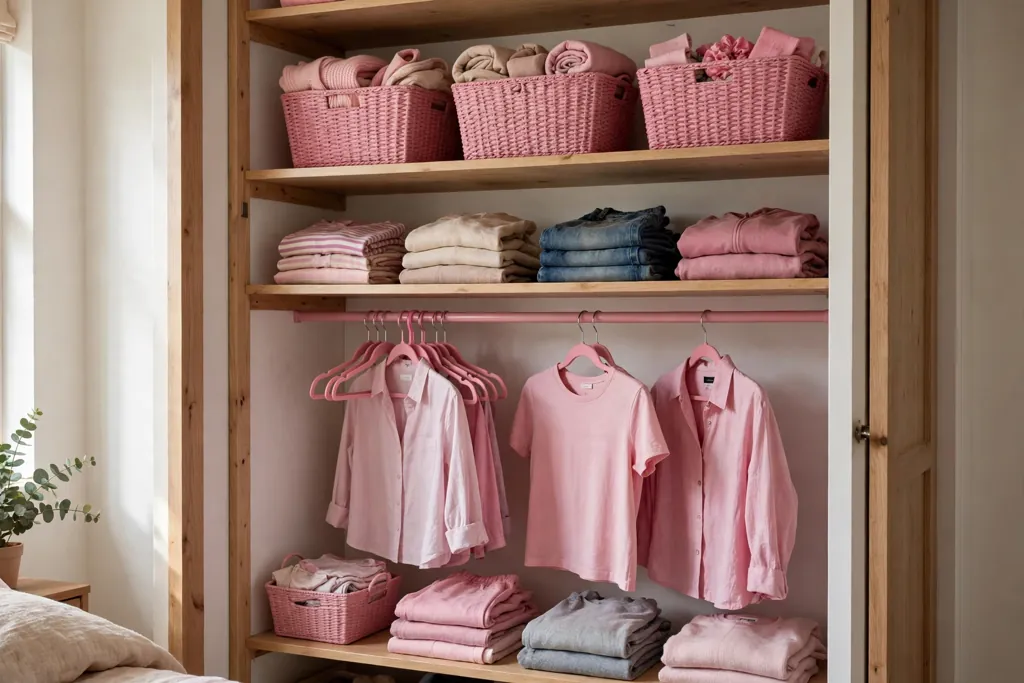 Bedroom closet with pink baskets on shelves, pink hangers, and folded clothes.