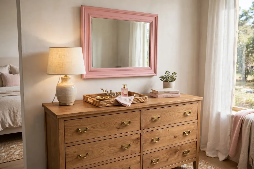 Dresser with a pink framed mirror above it, a lamp, and a tray in a bedroom.