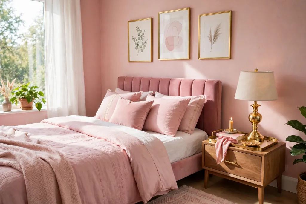 Pink bedroom with gold lamp base, gold frames, and a gold tray on the nightstand.