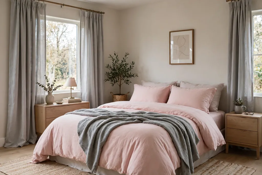 Calm bedroom pairing blush pink bedding with soft grey curtains and a grey throw.