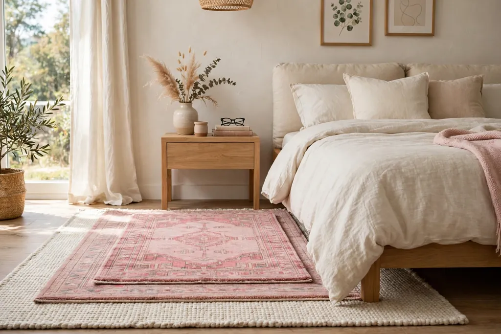 Bedroom with a pink rug layered over a larger cream rug beside a bed.
