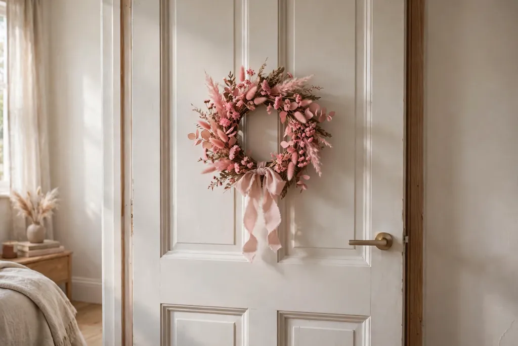 Bedroom door with a small seasonal wreath of pink dried flowers and blush ribbon.