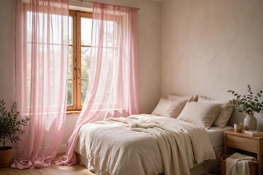 Bedroom window with sheer pink curtains in soft daylight beside a bed.