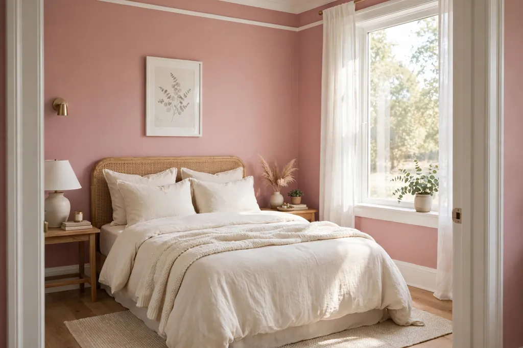 Bedroom with soft pink painted walls, white trim, and cream bedding.