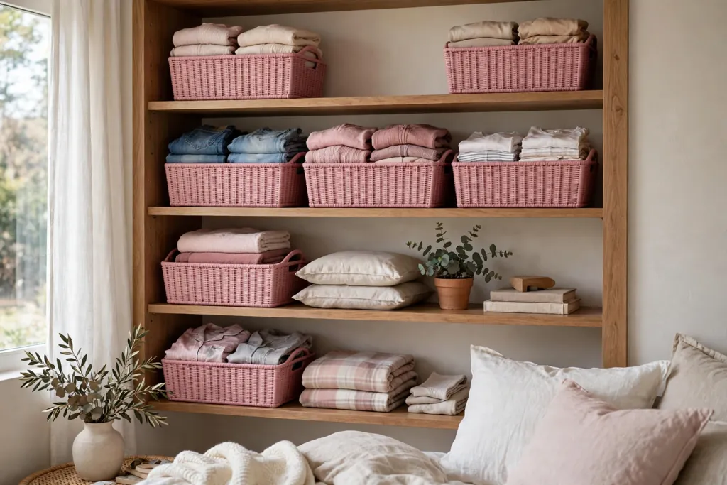 Open bedroom shelves with pink storage baskets holding folded items.
