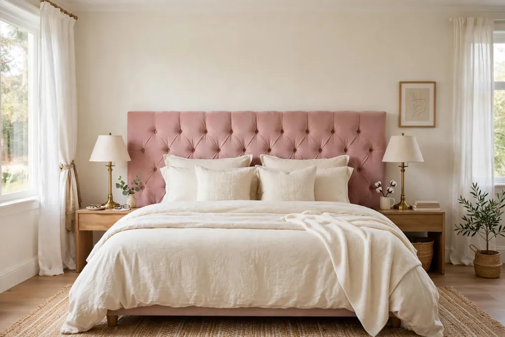 Bedroom with a pink upholstered headboard, cream bedding, and bedside lamps.