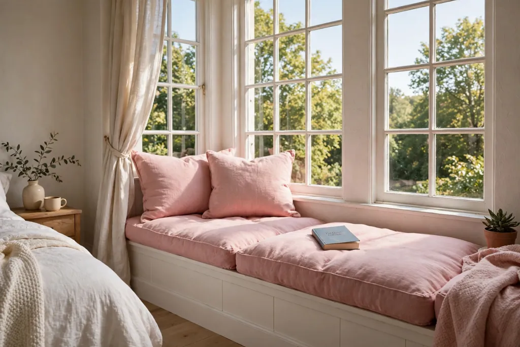 Bedroom window seat with pink cushions and a small reading book.
