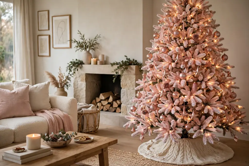 Blush flocked Christmas tree in a living room with warm white lights and rose gold ornaments.