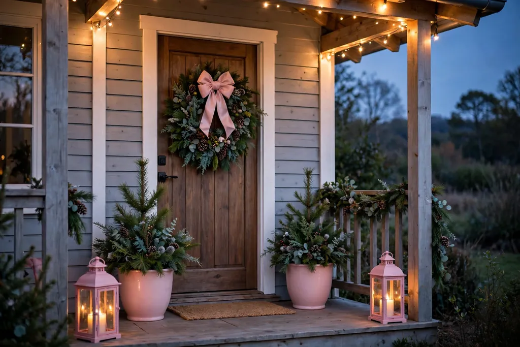 Porch with pink lanterns, blush planters with winter greenery, and a pink bow on a wreath.