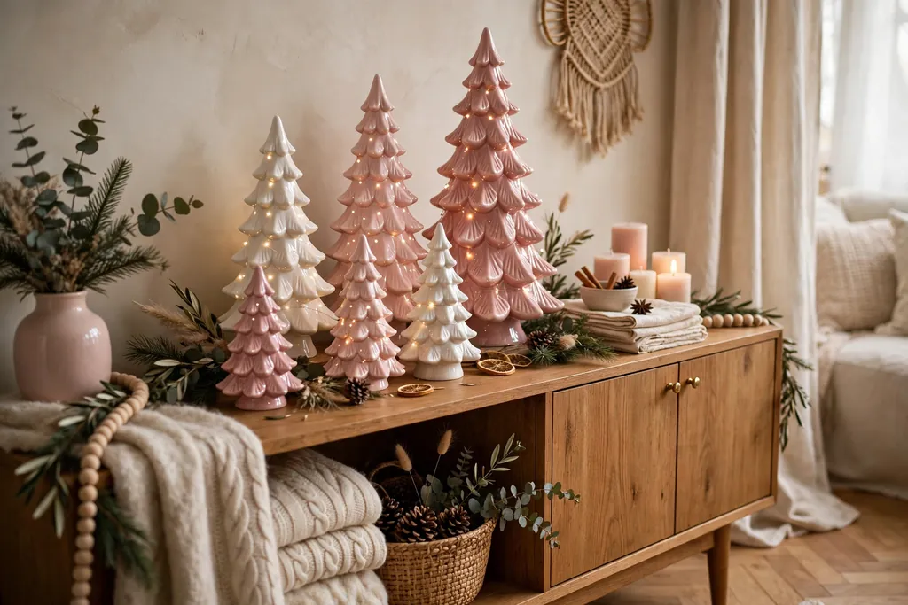 Sideboard grouped with pink ceramic trees in different heights.