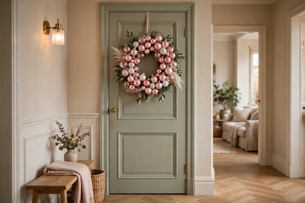 Interior door hung with a wreath made from pink glass ornaments.