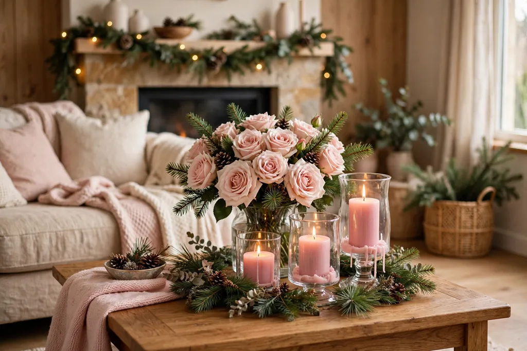 Coffee table centerpiece with blush roses, pink candles in glass hurricanes, and pine sprigs.